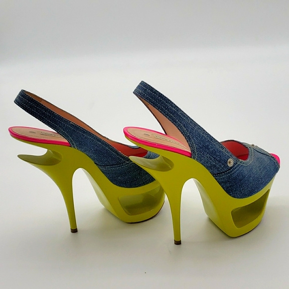 GIANMARCO LORENZI SIZE 39 COLOR BLUE JEANS MATIREAL HOT PINK AND LIME GREEN - Picture 7 of 12
